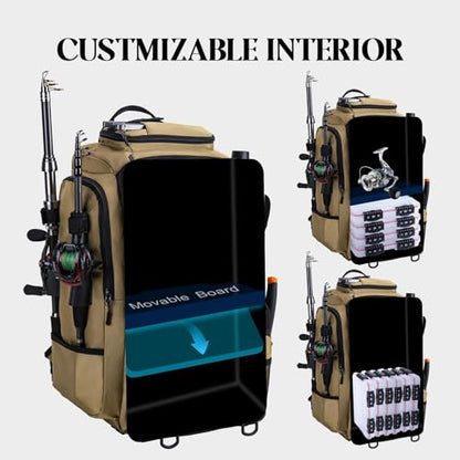 Goture 40L Fishing Tackle Backpack Khaki, Water-Resistant Fishing Bag with Cooler Compartment & Rain Cover for Saltwater - color: Khaki, size: A - Trays not included