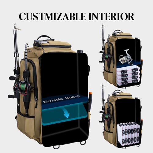 Goture 40L Large Khaki Fishing Backpack, 900D Tear-Resistant Tackle Bag with Cooler & Rain Cover & 3600 Trays, Freshwater Saltwater - color: Khaki, size: B - Includes 2 regular 3600 trays