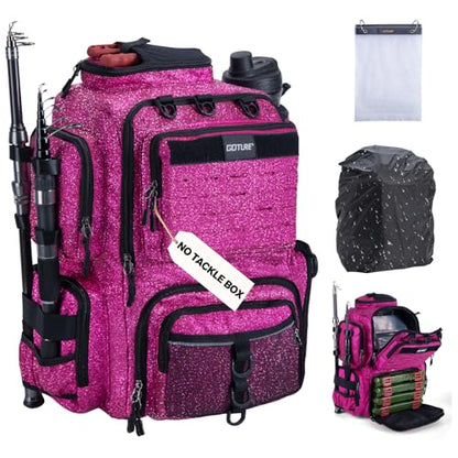 Goture Fishing Backpack, 900D Water-Resistant Tackle Backpack with Rod Holders, 45L Large Fishing Bag Storage Gear Tackle Bag with 8 Lure Pockets, Rain Cover for Camping Hiking(Without Tackle Box) - color: 45L Bling Pink with 8 Lure Pockets