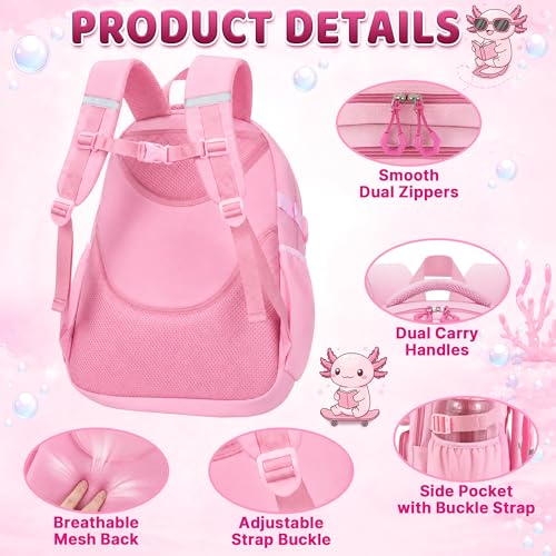 Axolotl Backpack for Girls, 4 PCS Girls Backpack with Lunch Box Set, Cute Kawaii Large Laptop Bookbag, School Bag for Elementary Kids & Teens - color: Axolotl