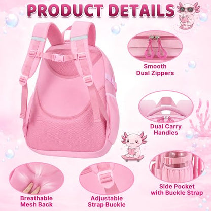 Axolotl Backpack for Girls, 4 PCS Girls Backpack with Lunch Box Set, Cute Kawaii Large Laptop Bookbag, School Bag for Elementary Kids & Teens - color: Axolotl
