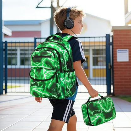 Bevalsa Backpack for Boys, Lightning School Bags with Lunch Bag & Pen Case for Kids, Bookbag for Boys Teens Elementary Middle High School - color: Neon Green