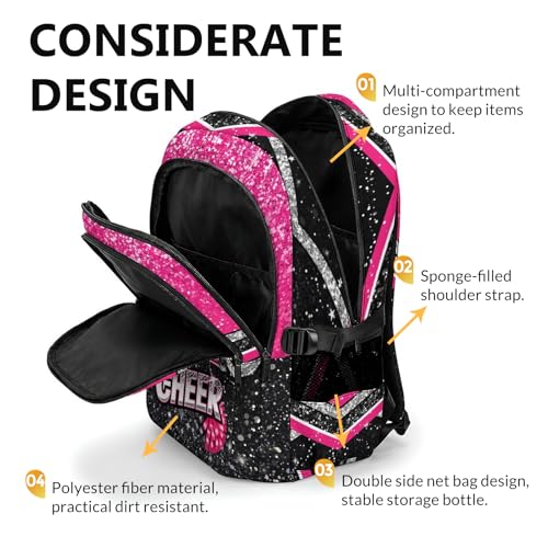 Personalized Cheer Backpack Custom Initial Backpacks, 17 Inch Glitter Cheerleading Bookbag - color: Pink Black