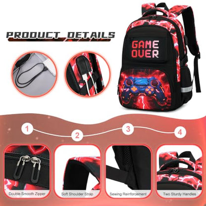 Scothen 3PCS Boys Backpack Set, Cool Backpack for Boys with Lunch Bag & Pencil Case, Kids School Bag Teen Boy Bookbag for Kindergarten Elementary Middle School with USB Charging Port - color: Red Lightning