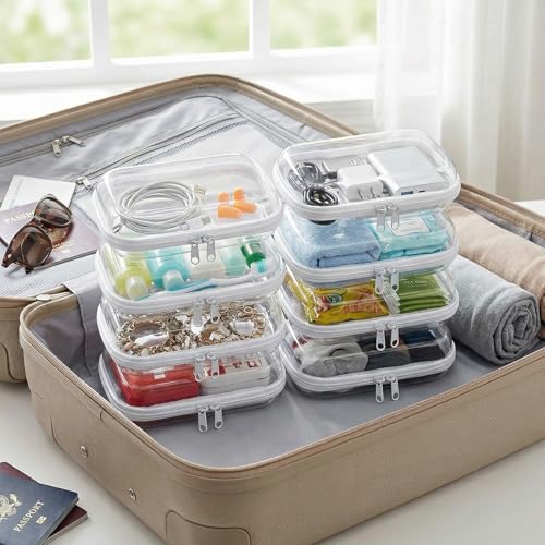 4 Pack Clear Hard Shell Zipper Case, Hard Plastic Zipper Pouches for Travel Toiletries, Makeup, Tech Gadgets & Pencils, Transparent Crush-Resistant Organizer Case (4S) - size: 4S