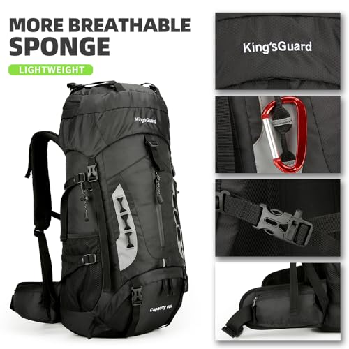 King'sGuard 60L Hiking Backpack for Men and Women Lightweight Camping Hiking Backpack with Rain Cover Large Waterproof Travel Backpack Backpacking Pack (Black) - color: Black