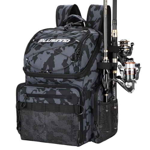 PLUSINNO Cooler Fishing Backpack with Rod Holders 45L Large Water-resistant Fishing Tackle bag Store Fishing Gear Fishing Gifts for Men Father - color: Black Camo