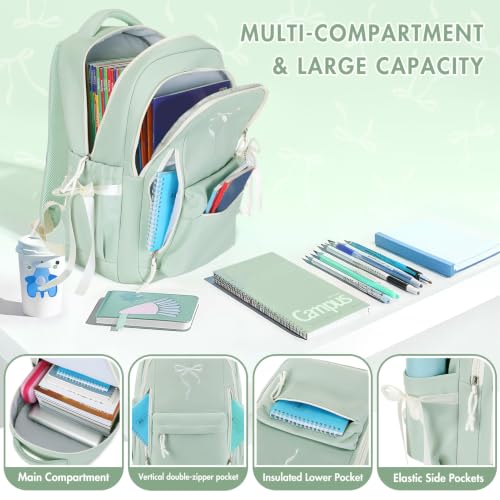 Kids Backpack for Girls - 3PCS Cute Embroidered Bow Girls Backpack with Insulated Lunch Bag & Pencil Case - Bookbag for Teen Women Middle High School College Work Travel Daypack - color: Sage