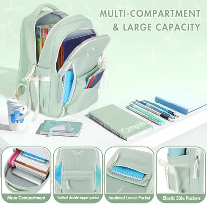 Kids Backpack for Girls - 3PCS Cute Embroidered Bow Girls Backpack with Insulated Lunch Bag & Pencil Case - Bookbag for Teen Women Middle High School College Work Travel Daypack - color: Sage