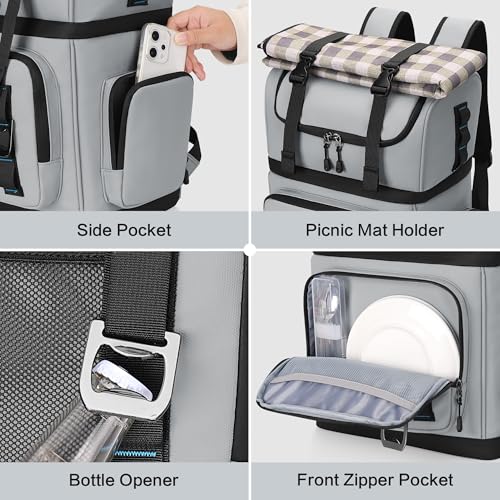 Large Waterproof Insulated Cooler Backpack for Men & Women, Double Decker Leak Proof Cooler Backpack for Beach, Camping, Picnic, Travel, 26L, 44Cans - color: Gray