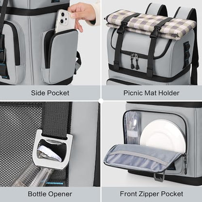 Large Waterproof Insulated Cooler Backpack for Men & Women, Double Decker Leak Proof Cooler Backpack for Beach, Camping, Picnic, Travel, 26L, 44Cans - color: Gray