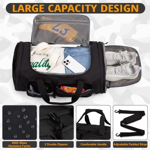 Expandable Gym Bag For Men,Tactical Large 3 in 1 Sports Duffle Bag With Shoes Compartment,Water Resistant Sports Gym Tote Bags Multi-functional Weekend Travel Backpack Overnight Bag - color: Black