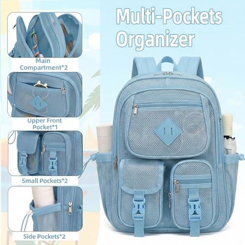 Mesh Backpack for Girls Boys, Women Mesh Bookbags Heavy Duty Semi-Transparent School Bag Net Back Pack for Travel, Beach, Swimming, Work - Baby Blue - color: Baby Blue