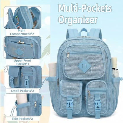Mesh Backpack for Girls Boys, Women Mesh Bookbags Heavy Duty Semi-Transparent School Bag Net Back Pack for Travel, Beach, Swimming, Work - Baby Blue - color: Baby Blue