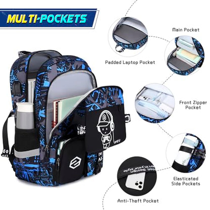 Scothen Boys Backpack, Cool Luminous Gamer School Backpacks for Boys with 14oz Insulated Water Bottle Lunch Bag Pencil Case, Kids Backpack Book Bags for Kindergarten Elementary Middle School - color: Blue Musicer