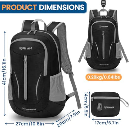 ZOMAKE Ultra Lightweight Packable Backpack 25L, Foldable Hiking Backpacks Water Resistant Small Folding Daypack for Travel(Black) - color: Black-c