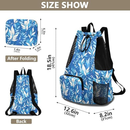Yuiboo Light Blue Leaves Women Mens Drawstring Backpack Gym Sackpack with Water Bottle Pocket String Swim Bag Dry Wet Separation