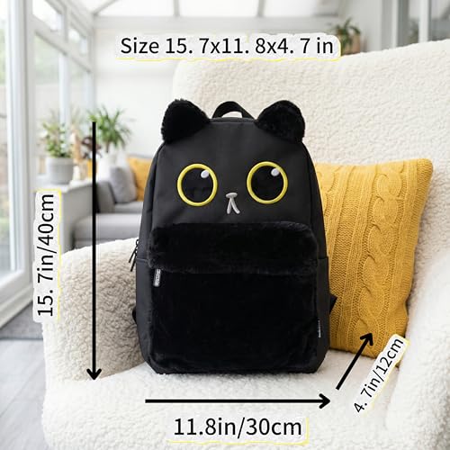 Kawaii Black Cat School Backpack with Cute Fur 3D Face Fluffy Casual Aesthetic Bookbag Simple Laptop Backpack Waterproof Daypack for Women Men (Black Cat) - style: Kawaii Black Cat Backpack