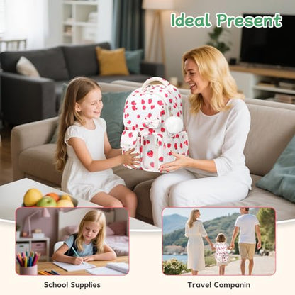 Girls Backpack, School Backpack for Girls, Cute Bow Kids Bookbag for Grils Children Teens for Elementary Middle High School Student, Back To School, White Strawberry 3pcs - color: White Strawberry-3pcs