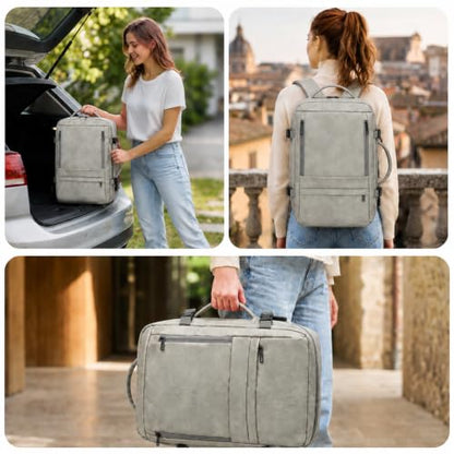 40L Travel Backpack for Men, PU Leather Carry On Backpack Flight Approved with Laptop Sleeve, Expandable Travel Bags for College Travel (Grey) - color: Grey