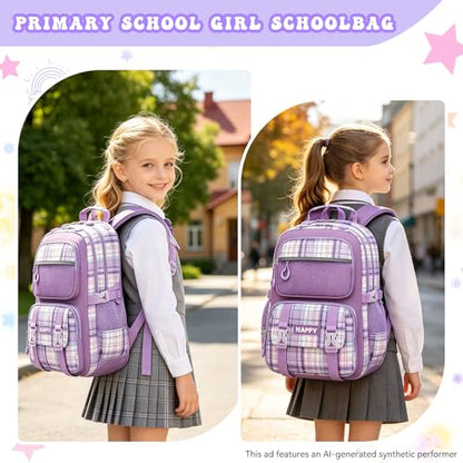 Backpack for Girls,Cute Plaid Backpack,Preppy Bookbag for Elementary & Middle School Students,Large Capacity School Bag,17 Inch,Purple - color: Purple