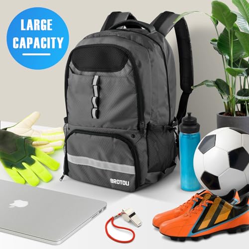 BROTOU Soccer Backpack Sports Bag with Ball Holder and Shoe Compartment for Football Basketball Volleyball Rugby - color: Dark Grey