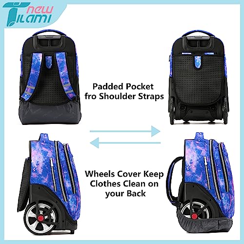 NEW TILAMI 19 inch Rolling Backpack Teens Rolling Backpack Cute Wheeled Laptop Backpack Bookbag Roller Travel Bag College, Star Violet - color: Purple Star Violet
