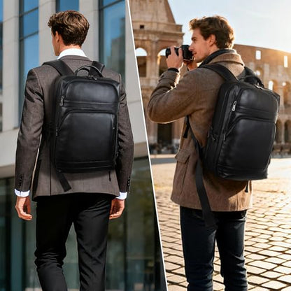 Masa Kawa Black Leather Laptop Backpack for Men Fits 16” 15.6” Computer, Business Travel Work Large Daypack Camping Weekender Bag - color: Black