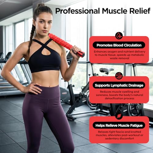 Muscle Roller & Massage Roller Stick for Athletes - Lymphatic Drainage Support, Relieves Muscle Soreness, Cramping & Tightness - Targets Legs, Arms, Back & Calves （Red - 18inch） - color: Red