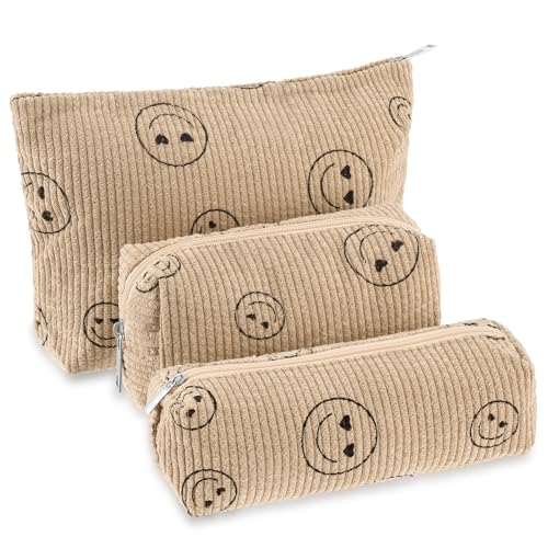 Huhumy 3 Pcs Makeup Bag Set for Women Corduroy Cosmetic Pouch Aesthetic Smile Travel Toiletry Bag Cute Purse Pouch Pencil Case Makeup Brushes Storage Organizer with Zipper(Khaki,Smile Face) - color: Khaki, style: Smile Face