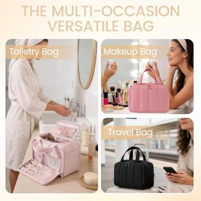 Toiletry Bag for Women Puffy Large,Travel Makeup Bag,Large Toiletry Bag with Adjustable Dividers,Waterproof Cosmetic Travel Bag with Trolley Sleeve,Toiletries Organizer,Black - color: Black