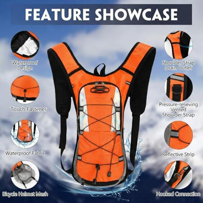 Sadnyy 2 Pcs Hydration Backpack Hiking Water Backpack for 2l Waterbag(Waterbag Not Included), Reflective Lightweight Cycling Daypack with Helmet Net Bag for Biking, Running, Skiing - color: Orange, Black
