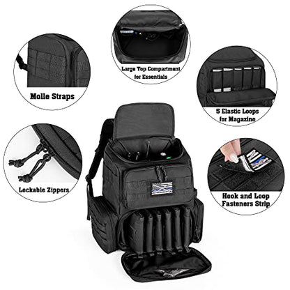 DSLEAF Tactical Range Pistol Backpack with 6 Pistol Cases, Gun Backpack with 9X Magazine Slots for Shooting and Hunting - color: Black