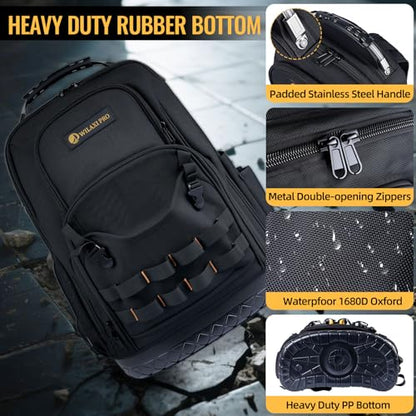 Tool Backpack Heavy Duty, Tool Bag Backpack for Men Waterproof Oxford Fabric with Plastic Base, 19IN Large Capacity with 44 Pockets, Padded Back & Straps for All Worksite Environments