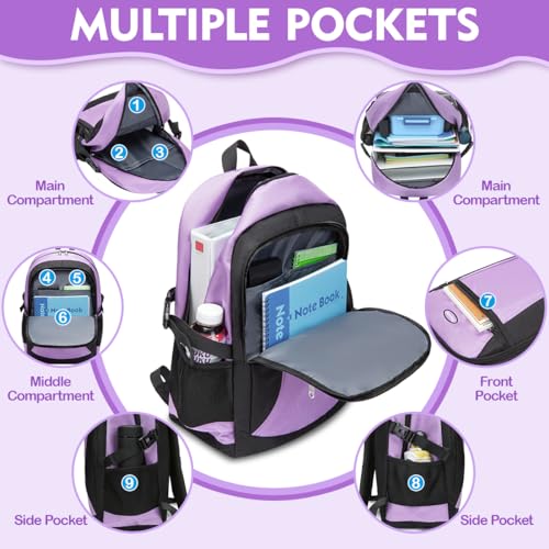Backpack for Girls Teenage Bookbag Big Kids Elementary Grade Middle High School Student Teen Book Bag Mochilas Escolares Para Niños Kawaii Purple Knapsack Full Size 18 Inch Lightweight - color: Purple