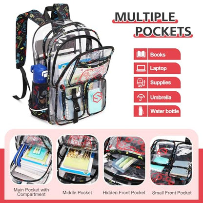 DIGOBAY 3PCS Cool Luminous Clear Backpack for Boys Kids, Gamer Clear Bookbag for School, See Through PVC Transparent Backpacks with Lunch Bag Pencil Case, Backpack Heavy Duty for School Stadium - color: Red