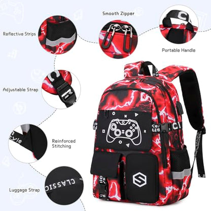 Scothen Boys Backpack, Cool Luminous School Backpacks for Boys with Lunch Bag Pencil Case, Kids Backpack Kindergarten Elementary Middle School Book Bags for Teen Boy Children with USB Charging Port - color: Red Lightning