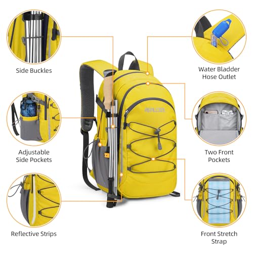 RealCool 20L Lightweight Hiking Backpack, Waterproof Daypack for Camping | 210D tear-resistant nylon, breathable shoulder and back panel, Multi-Compartment,hydration system,reflective strip,bungee net - color: Yellow, size: 20L