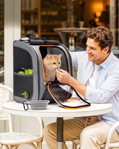 Pecute Cat Backpack Carrier,Large Space Cat Bubble Backpack,Ergonomic,Gray | Color Blocking,Sunshade curtain,Folding bowl,Transparent window,Sturdy,Large mesh on both sides for breathability - color: Gray-on-Gray Color Blocking