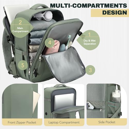 Travel Backpack, Carry On Backpack Airline Approved, 18x14x8 Travel Bag, 30L Personal Item Bag for Women and Men, Water Resistant Lightweight Weekender Bag, Casual Daypack for Business - color: Green
