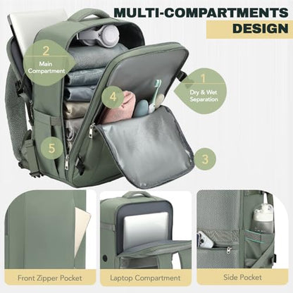 Travel Backpack, Carry On Backpack Airline Approved, 18x14x8 Travel Bag, 30L Personal Item Bag for Women and Men, Water Resistant Lightweight Weekender Bag, Casual Daypack for Business - color: Green