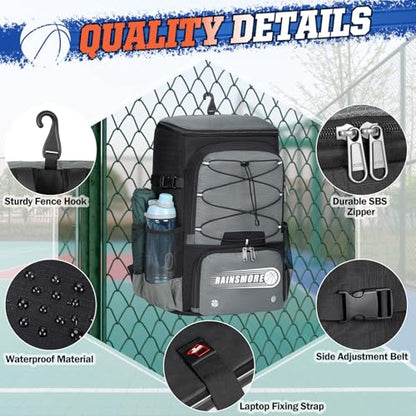 RAINSMORE Basketball Backpack 45L Basketball Bag with Separate Ball Holder & Shoes Compartment Water Resistant Sports Bag Basketball Equipment Bags Fit Volleyball, Soccer, Swim, Gym, Travel - color: Grey