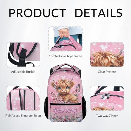 Mercuryelf Personalized Backpack for Girls Highland Cow 3PCS Kids Backpack Set with Lunch Bag & Pencil Case, 17 Inch School Bookbag for Elementary Kindergarten - color: Red