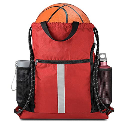 BeeGreen Red Drawstring Backpack Gymsack Bag with Shoe Compartment and Two Side Mesh Pockets Lightweight Durable Sports Cinch Sackpack 1 Pack for Women Men Workout Swim - color: Red, style: Drawstring With Shoe Compartment