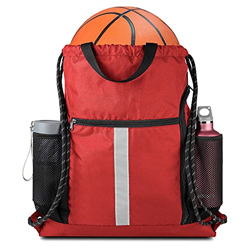 BeeGreen Red Drawstring Backpack Gymsack Bag with Shoe Compartment and Two Side Mesh Pockets Lightweight Durable Sports Cinch Sackpack 1 Pack for Women Men Workout Swim - color: Red, style: Drawstring With Shoe Compartment