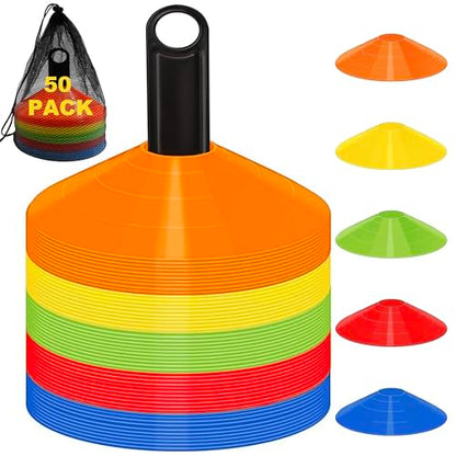 25/50 Pack Disc Cones for Sports, Agility Training Cone for Soccer, Football, Basketball, Coaching, Practice Equipment with Carry Bag and Holder, 5 Color