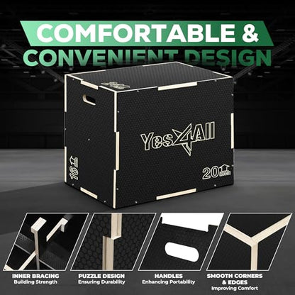 Yes4All 3 in 1 Non-Slip Wooden Plyo Box, Step Up Box for Workout, Plyometric Jump Box for Skipping, Jumping, Lunges, Squats, Dips - style: 24" x 20" x 16"