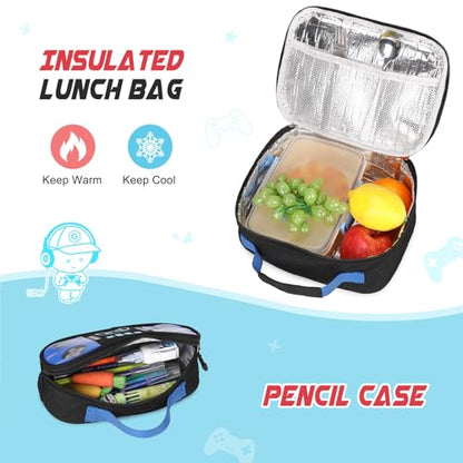 Bevalsa Backpack for School Boys, Cool Luminous Gamer Boys Schoolbag with Lunch Box & Pencil Case Set for Kids Teens Elementary Middle School, Bookbag Glow In The Dark(Blue Game Backpack) - color: Blue Game, style: Backpack