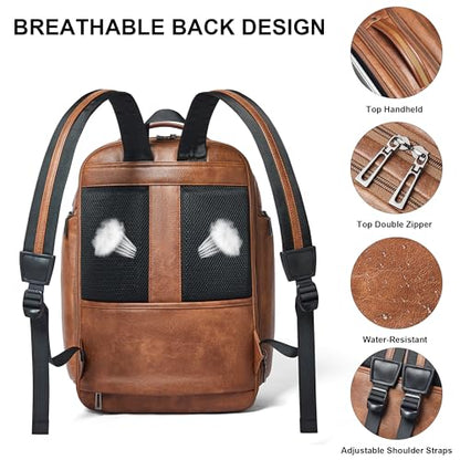 Shrrie 17 Inch Travel Laptop Backpack for Women&Men, Vegan Leather Backpack with USB Charger, Expandable Large Capacity Computer Backpack Purse for Work Business Travel, Brown - color: Two-toned Brown