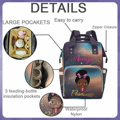 Newcos Personalized African Black Women Diaper Bag Backpack with Name Custom Afro Princess Mommy Nursing Baby Bags for Women - color: 230112-12